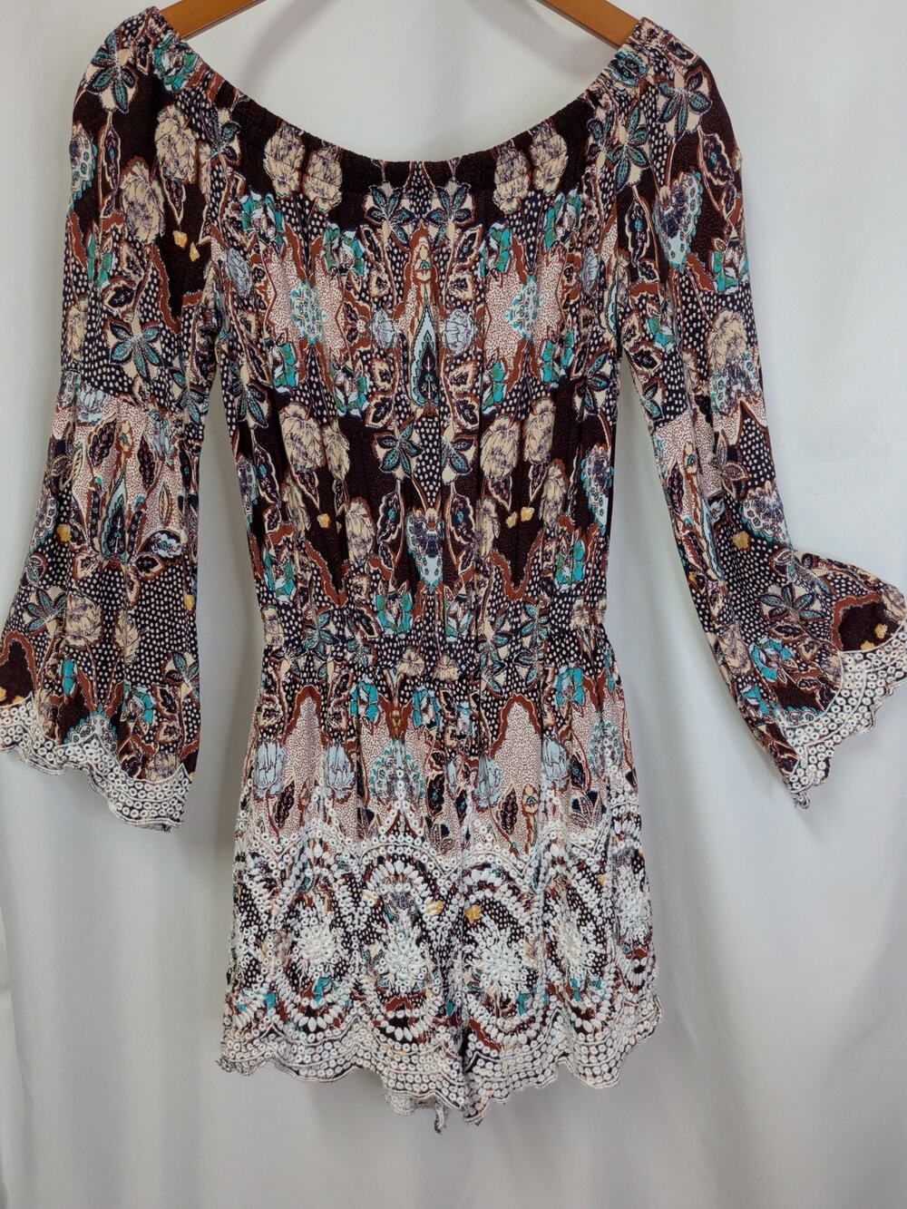 Western Boho Shorts Jumper Brown Turquoise Exhilaration Size M